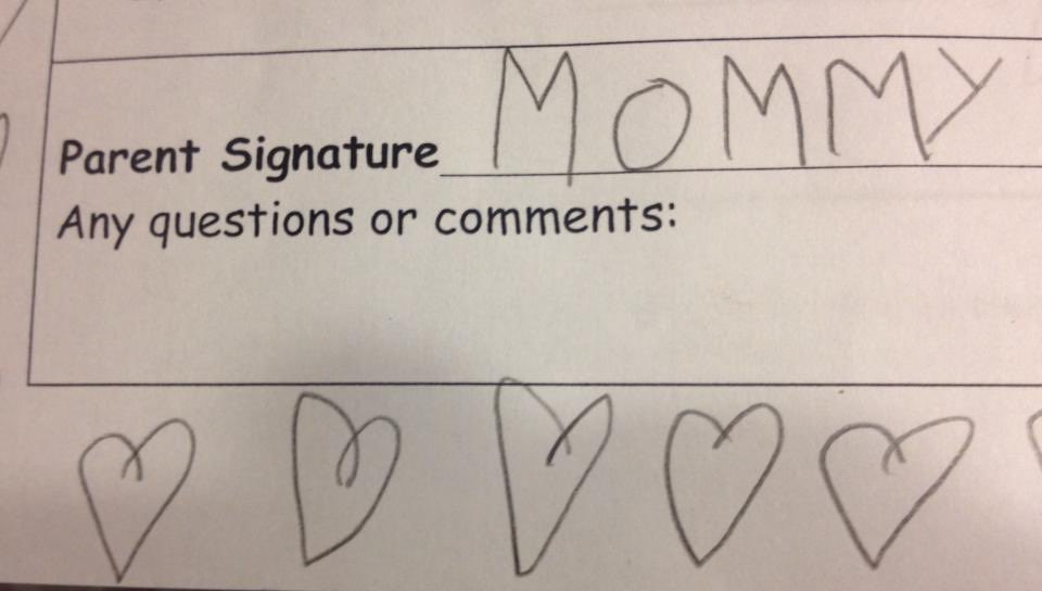 a school permission slip for "Parent Signature" with a child's print signature of "Mommy"